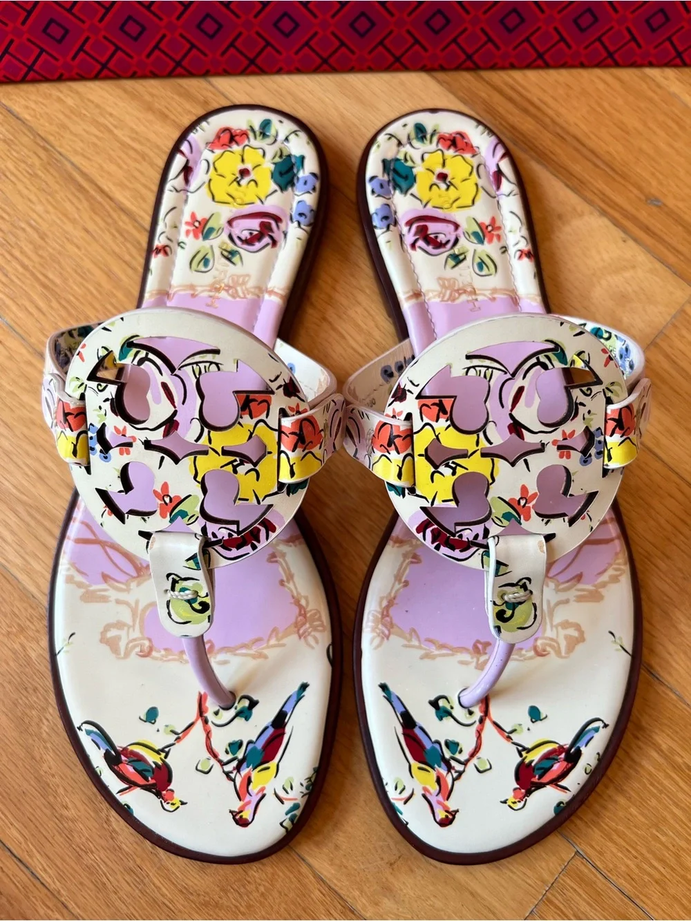 Tory Burch Pink Porcelain Floral Printed Leather Miller Welt Sandals